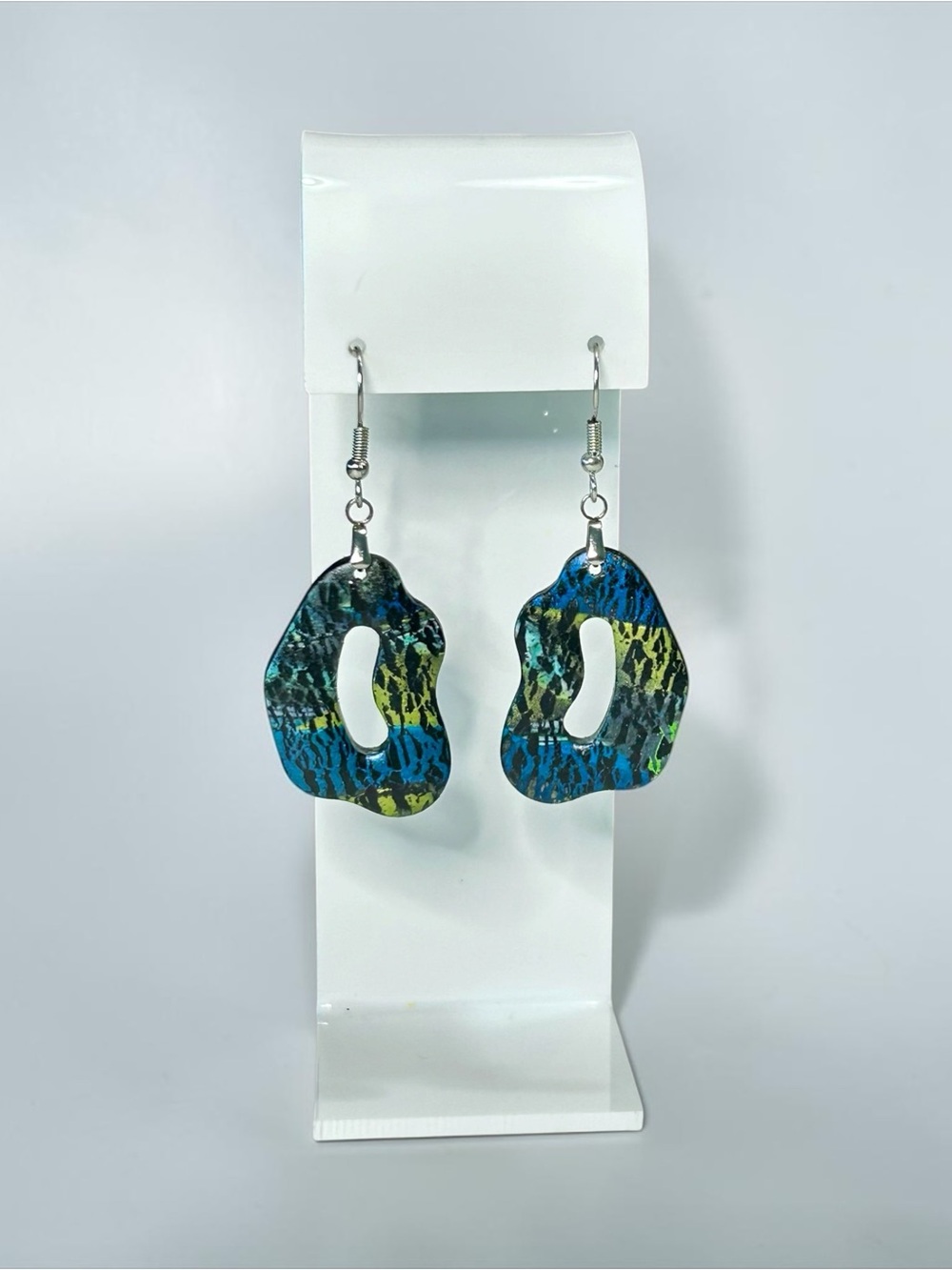 Handmade Blue Green Metallic Polymer Clay Dangle Earrings Stainless Steel Wires - Picture 4 of 6